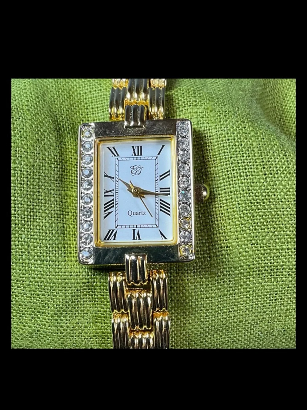 Gold Tone Rhinestone Dress Watch Rectangular Face Roman Numerals Quartz
